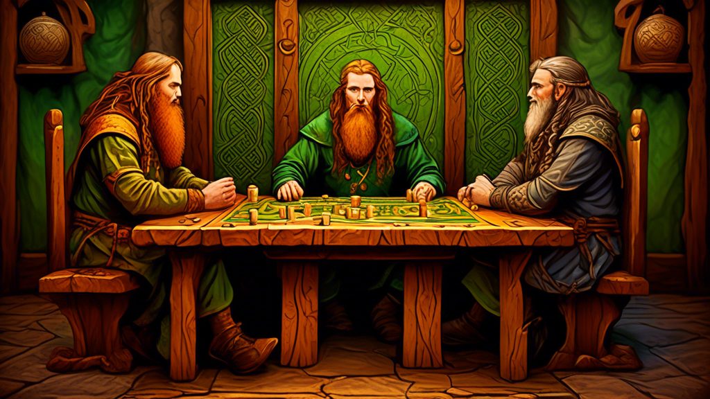 A rustic medieval Irish setting with a wooden table, upon which lies a hand-carved Brandubh board and game pieces, surrounded by two elder Celtic players deep in thought and strategy, with Celtic patt