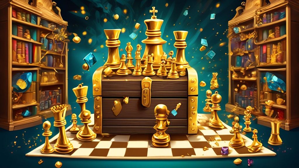 An illustrated split-image showing a chessboard with chess pieces on one side, and a treasure chest overflowing with gold and jewels on the other side, situated in a whimsical library setting.