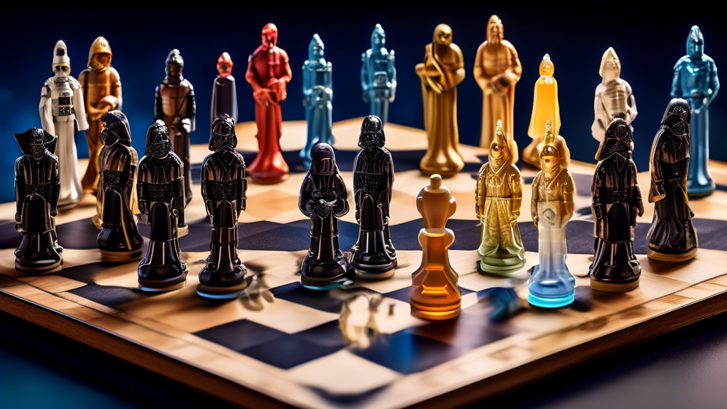 An intricately designed chess set where each piece is a detailed miniature character from Star Wars, including Luke Skywalker as the king, Darth Vader as the opposing king, and other iconic characters