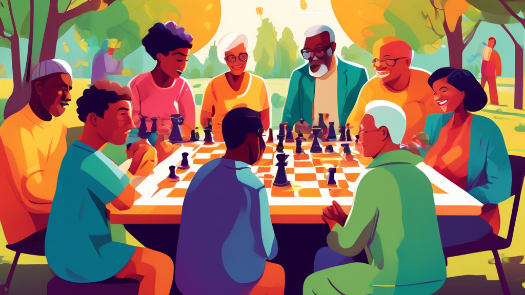 A bright, colorful illustration of a diverse group of people of different ages and ethnicities deeply focused on playing chess, with visible light bulbs above their heads symbolizing ideas and increas