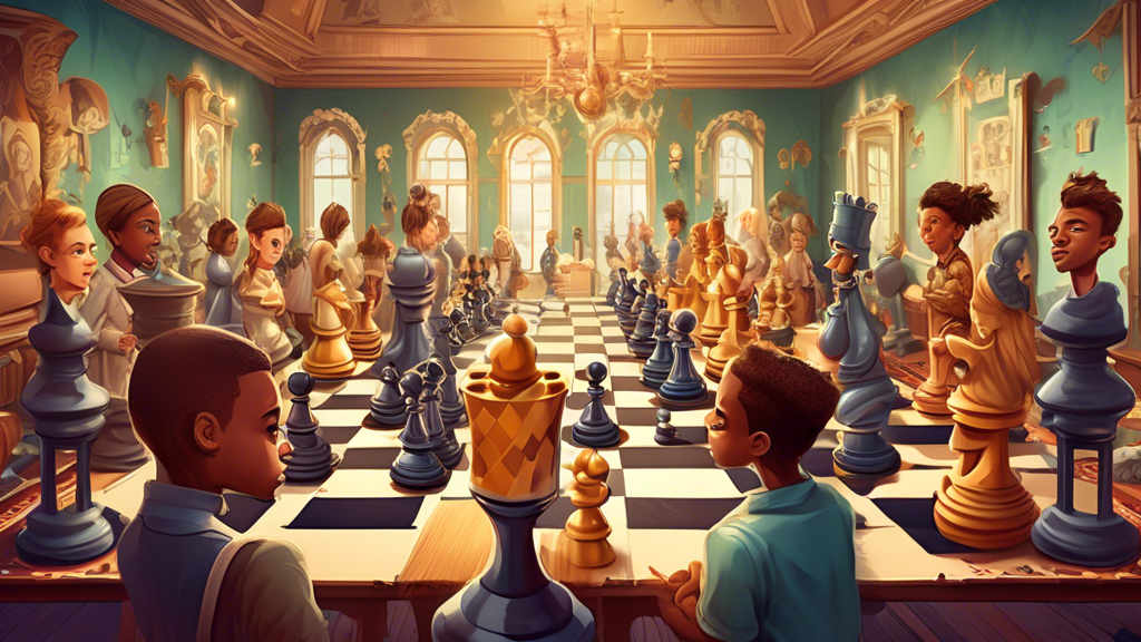 A whimsical digital artwork depicting a grand, ornate chess academy, with students of diverse backgrounds deeply engrossed in learning chess strategies from animated chess pieces, set in a classroom w