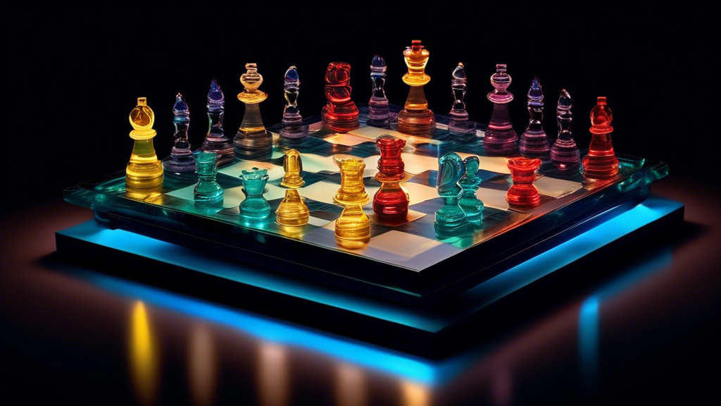 An elegant chessboard set on a dark background, illuminated solely by integrated LED lights in each of the chess pieces, casting a soft glow over the board's intricate details, highlighting a strategi