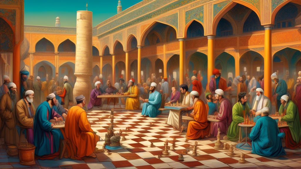 An ancient gathering in a Persian palace courtyard, with scholars and royalty playing early versions of chess, depicted in vivid colors and rich historical detail.