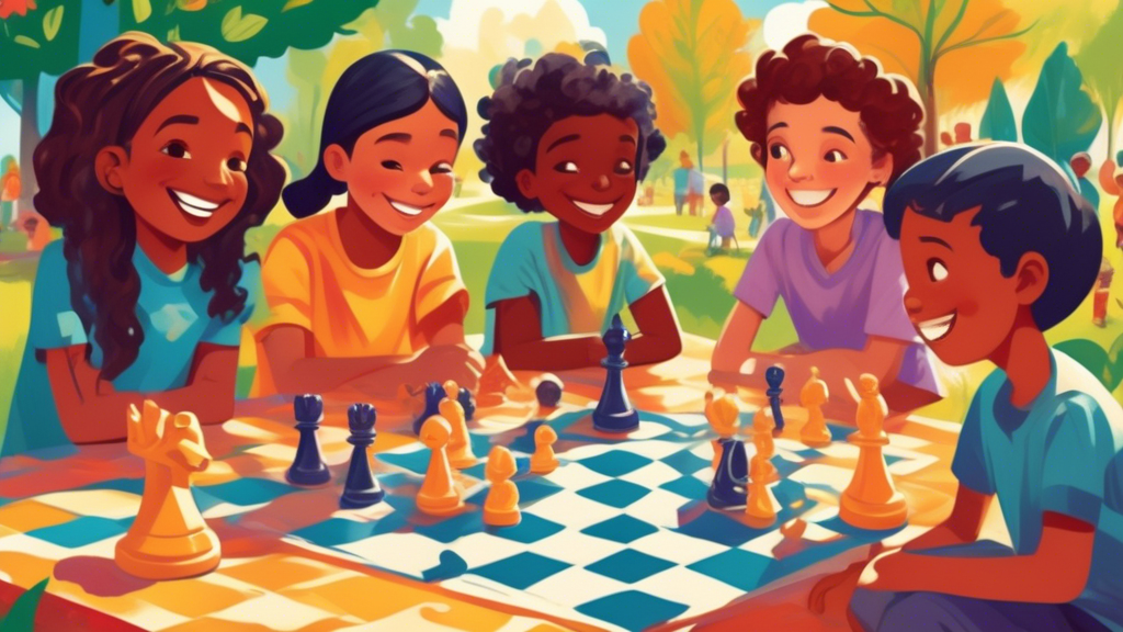 A vibrant, playful illustration of a diverse group of children of various ethnicities sitting around a large, colorful chess board, deeply engaged in a game. The setting is a sunny park with trees and