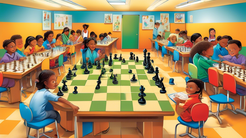 An inviting classroom setting with a variety of unique chess sets laid out on desks, each designed for different teaching styles and age groups, with students of diverse backgrounds thoughtfully engag