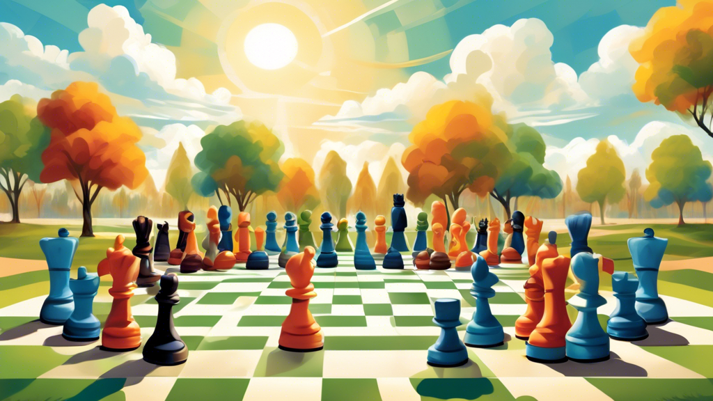 An artistic representation of a giant chess board set in a tranquil park, with diverse people of all ages debating and discussing animatedly, some sitting on the chess pieces, under a bright afternoon