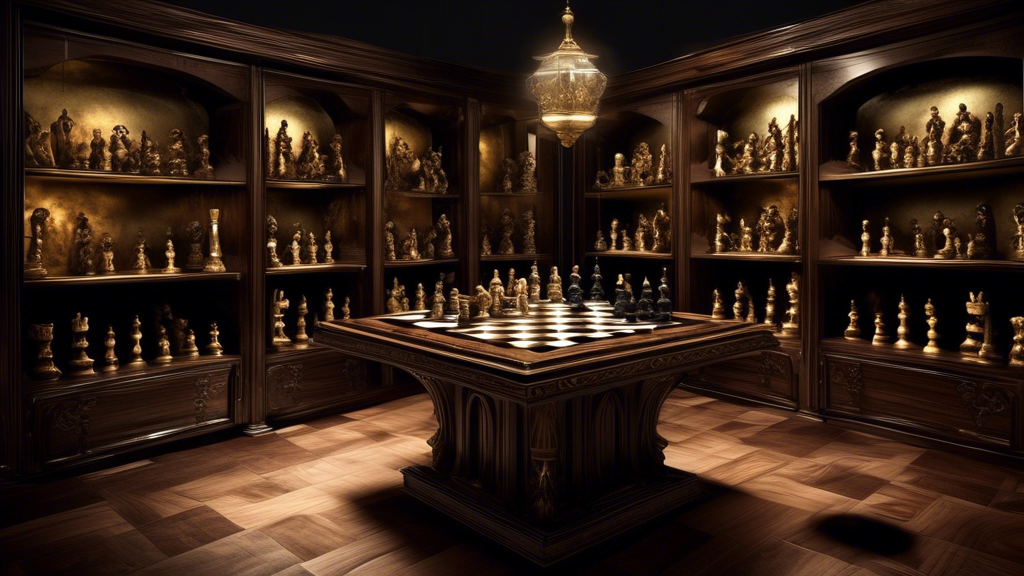 Create an image of a luxurious room with dark wood shelves filled with an array of unique and rare chess sets from different eras and cultures. The sets should vary in material, ranging from carved ma