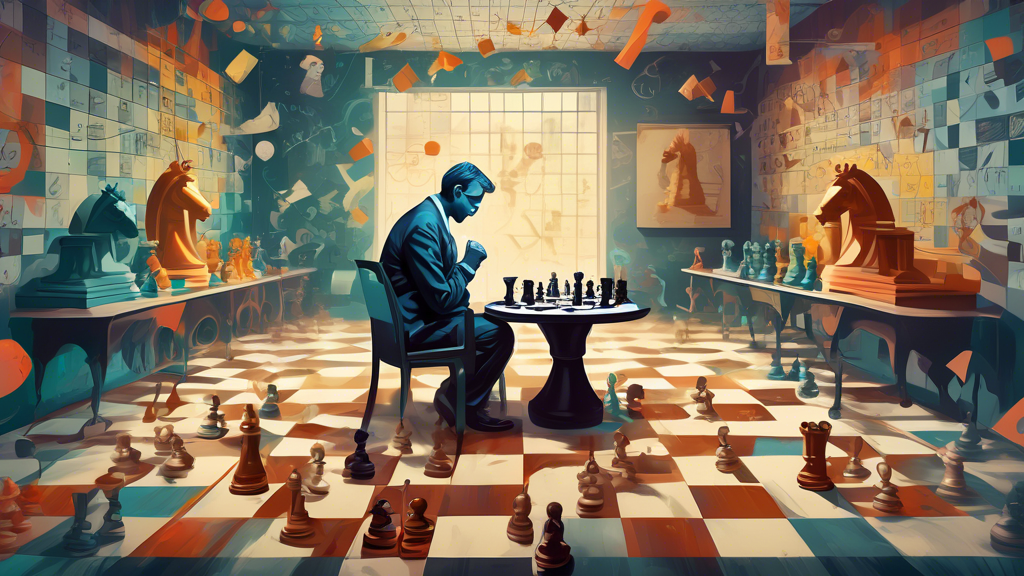 A surreal artwork depicting a chess grandmaster deep in thought, surrounded by floating mathematical symbols and equations, in a room that blends a traditional chess club and a vintage mathematics cla