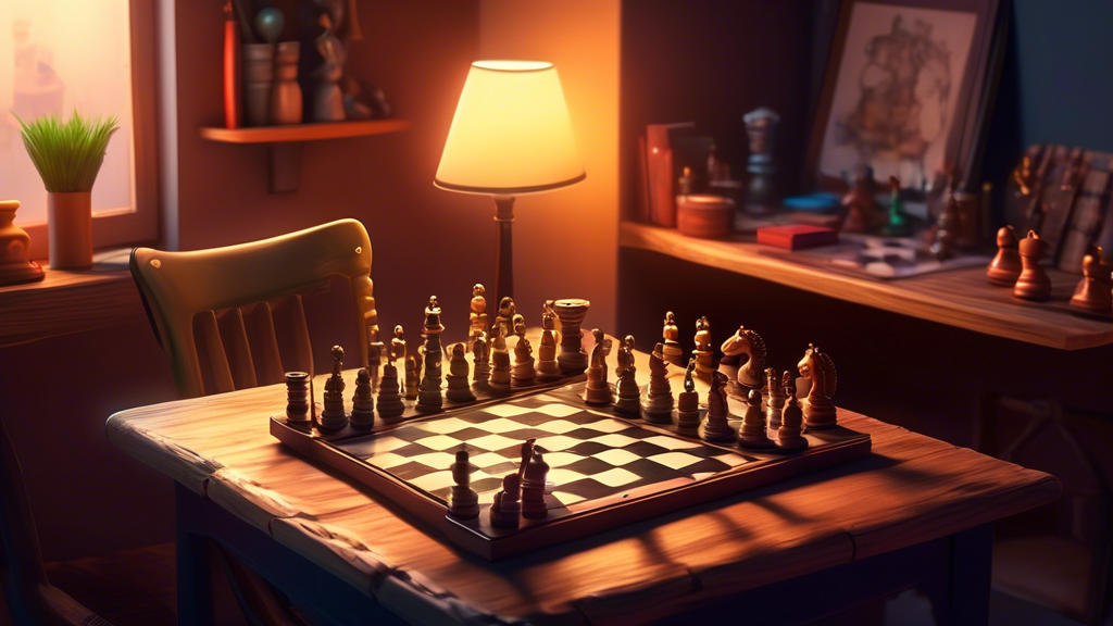 An artistically decorated room with a wooden table displaying a chess set, surrounded by essential accessories including a timer, a strategy book open on one side, a notepad with a pen, and ambient li