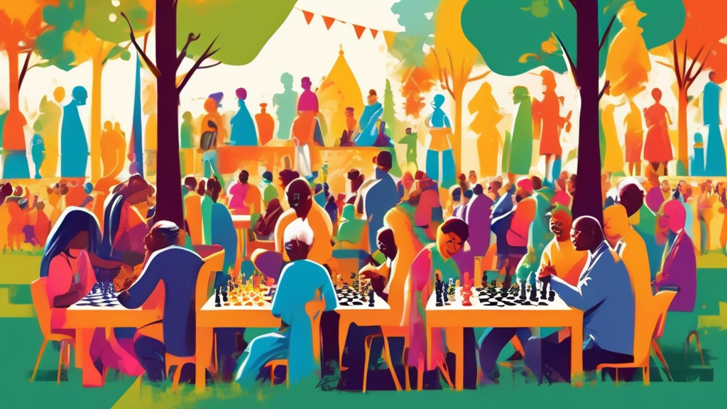 A vibrant community gathering in a sunlit park, with diverse people of all ages playing chess at multiple tables decorated with colorful chess sets and banners, while onlookers enjoy the spirited comp