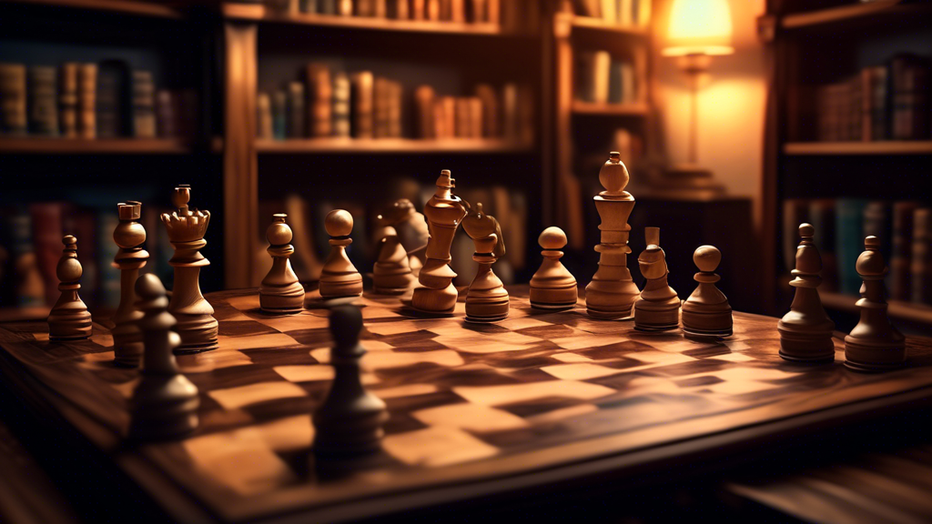 An intricately detailed illustration of a wooden chess board setup at the start of a game, with each chess piece being placed methodically by a pair of hands, in a softly lit library setting, surround