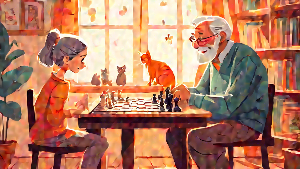 An elderly man with a gentle smile teaching a young girl how to play chess in a cozy, well-lit living room, with a classic wooden chessboard between them, surrounded by shelves filled with books and a