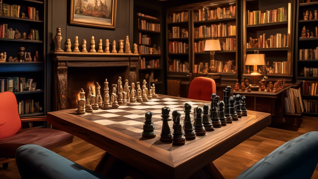 An elegant room filled with various collector's edition chess sets displayed on antique wooden tables, each set featuring unique designs made from materials like glass, marble, and carved wood. In the