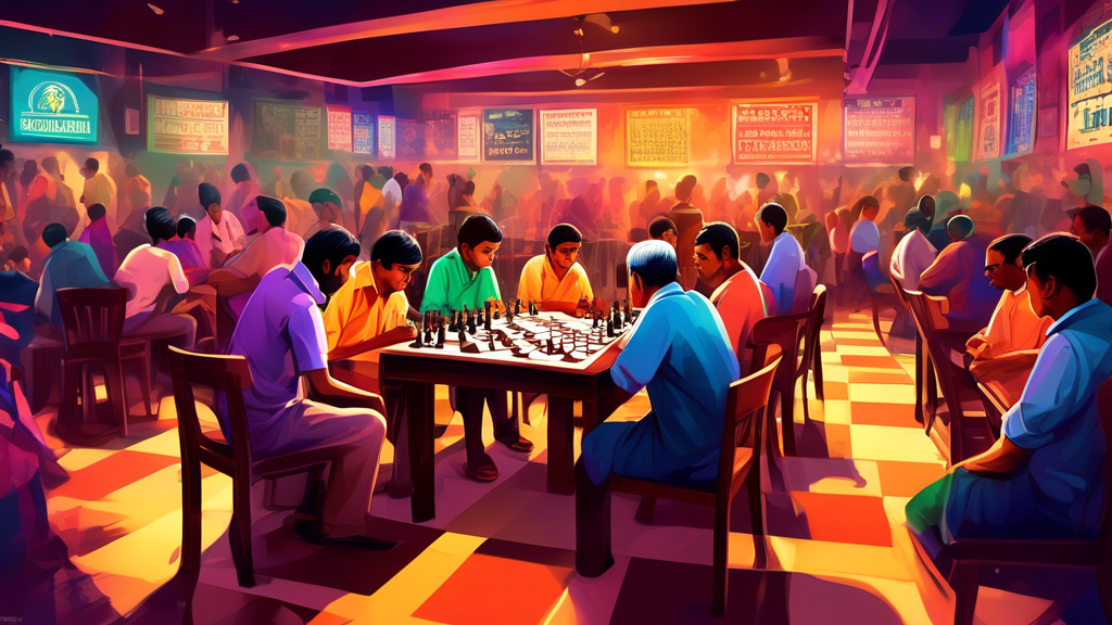 Digital artwork of a vibrant chess tournament scene in a bustling club in Bengaluru, Karnataka, with diverse players of all ages deeply focused on their games, traditional Indian elements in the decor