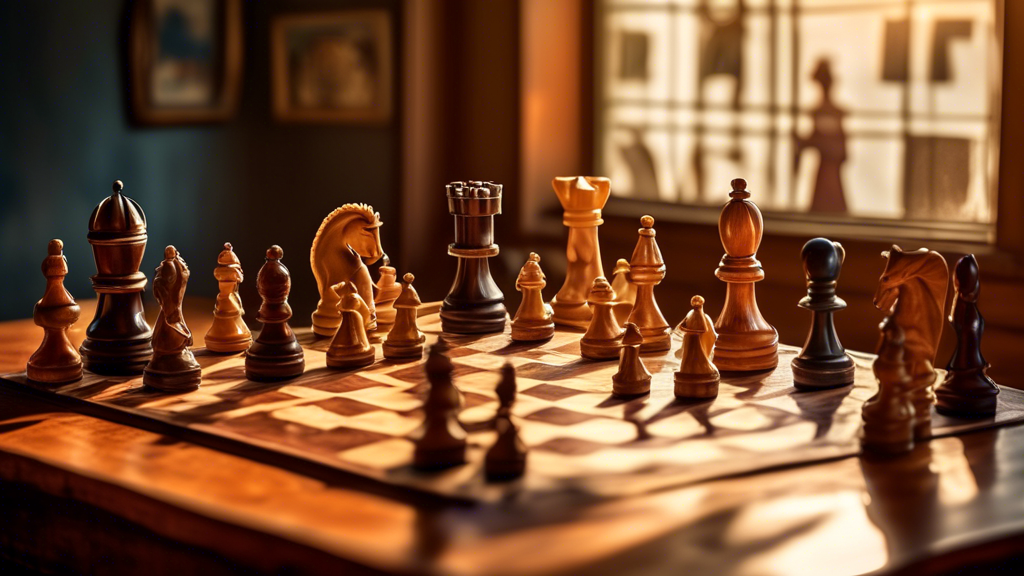 A vintage wooden chessboard on an antique table, with a variety of mismatched chess pieces laid out beside it, including knights in different styles and queens in various forms of craftsmanship, illum