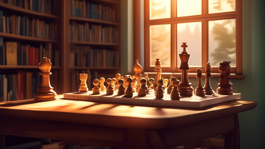 A cozy home library filled with shelves of chess books, a wooden chessboard with an ongoing game on a table, soft lighting highlighting a stack of books labeled Top Chess Strategies, and a large windo