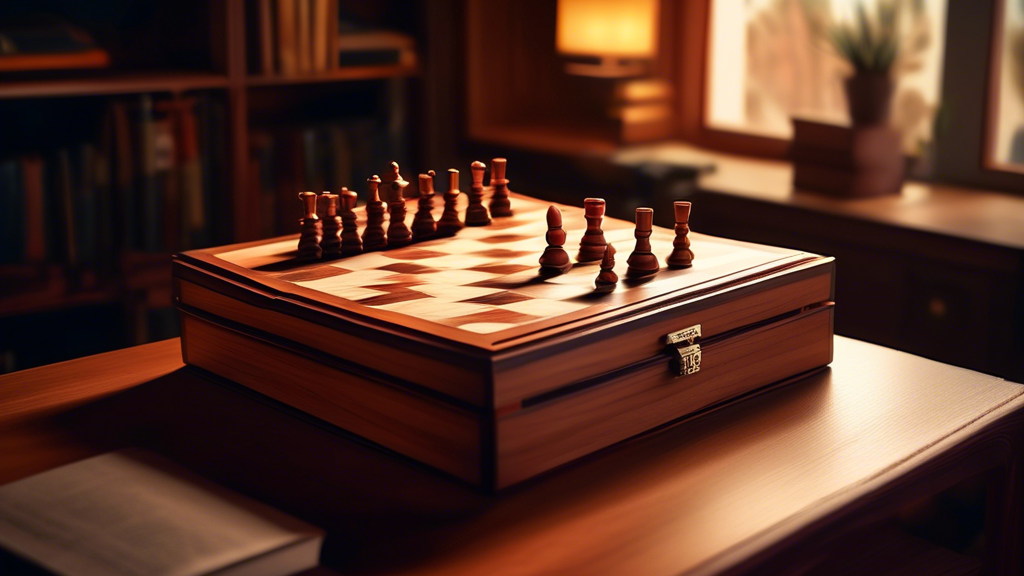 A beautifully crafted wooden chess set with elegantly designed pieces, each fitting into individual, felt-lined compartments under the hinged chessboard, set in a cozy study room with books and ambien