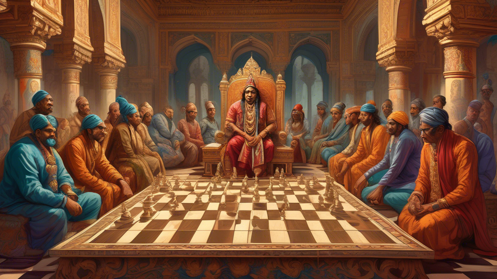 An ancient Indian king contemplating strategies over an ornate, early version of a chessboard, surrounded by scholars and advisors in a royal palace setting, with detailed period-appropriate attire an