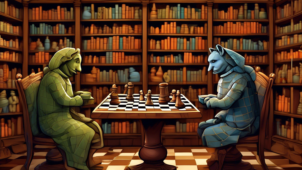 Create an image of a whimsical, animated debate between anthropomorphic chess and checkers pieces in a cozy, old library filled with books and ancient game boards. The chess pieces, elegant and mediev