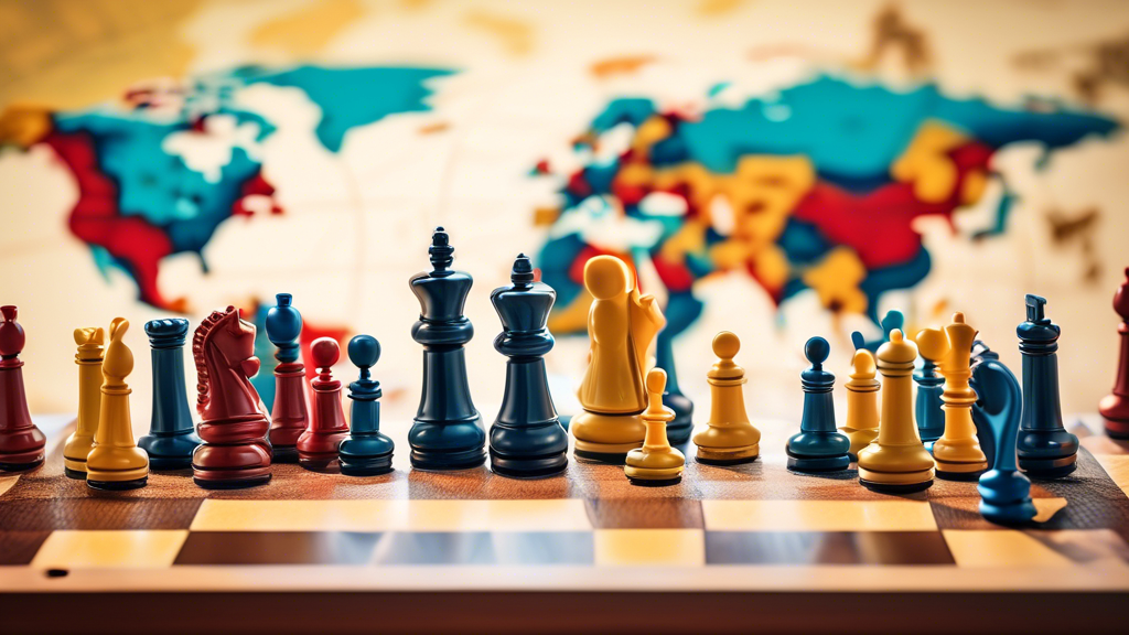 An elegant array of small, portable chess sets displayed on a background of a world map, with travelers in the background playing chess in various outdoor settings like parks, airports, and train stat