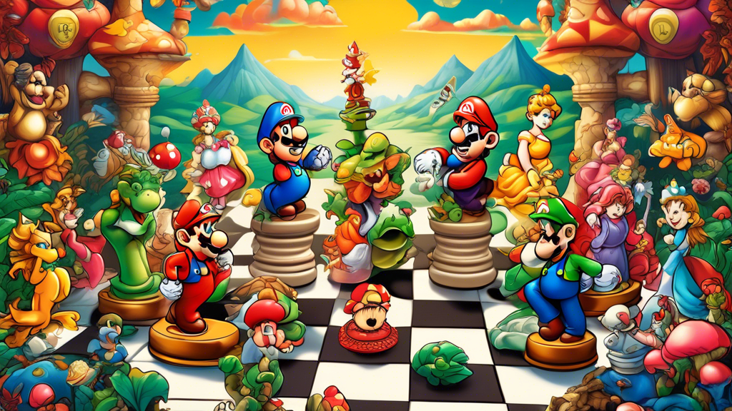 Vibrant illustration of a Super Mario-themed chess set, featuring intricately designed pieces representing iconic characters like Mario as the king and Bowser as the opposing king, set on a whimsicall