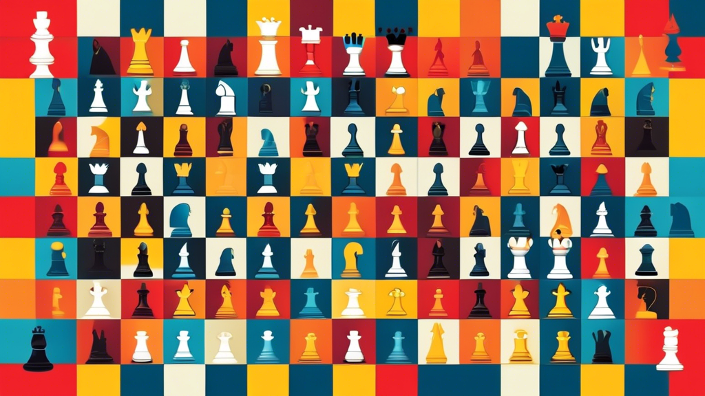 An illustrated guide on a chessboard showing all the chess pieces, including the pawn, knight, bishop, rook, queen, and king, with arrows demonstrating their potential moves in a colorful, educational