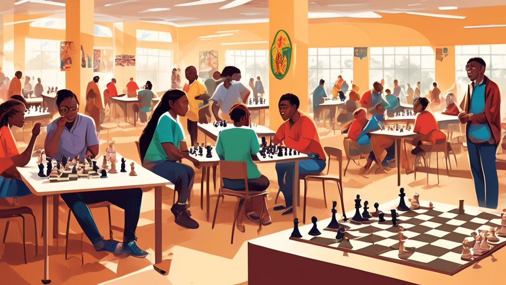 An illustration of a vibrant and lively chess club in Maryland, showing a diverse group of people of various ages engaging in chess games. The scene is set in a spacious, well-lit hall with multiple c