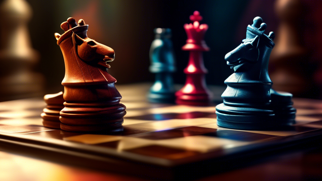 An artistic interpretation of two kings from a chess set facing each other on a beautifully crafted chessboard, poised as if in mid-conversation, with other chess pieces blurred in the background unde