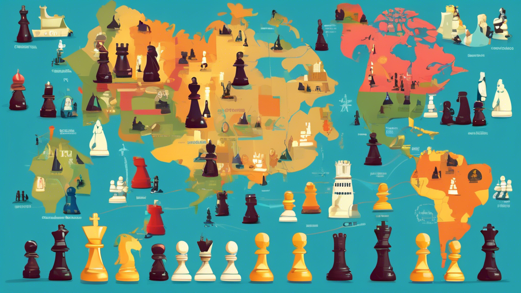 An illustrated world map highlighting countries with animated chess pieces representing each region's style and historical figures playing chess in famous landmarks around the world.