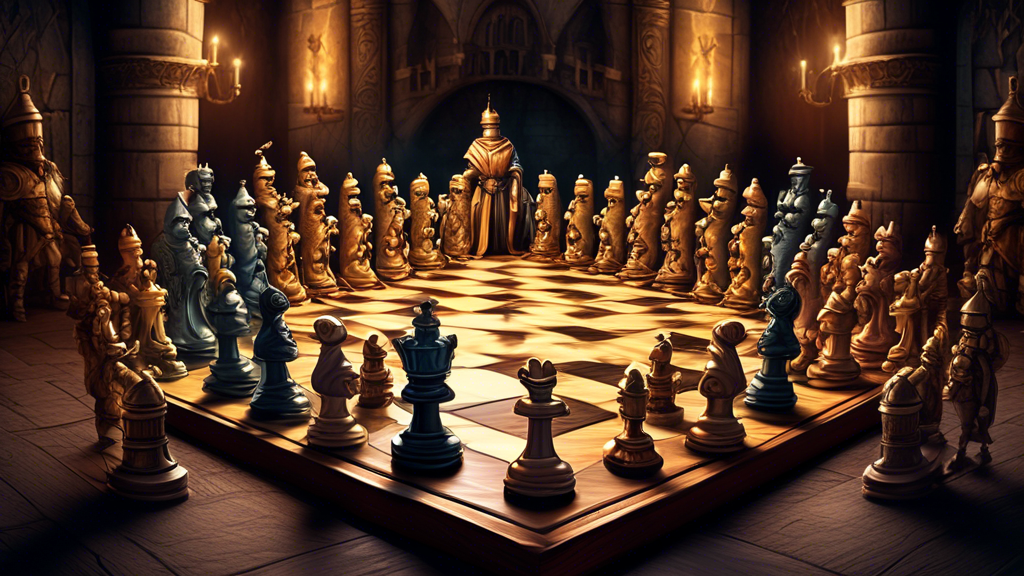 An intricate chessboard with pieces arranged in the middle of a game, focusing on a significantly larger and ornately designed king piece surrounded by knights, bishops, and pawns, set in a medieval-t