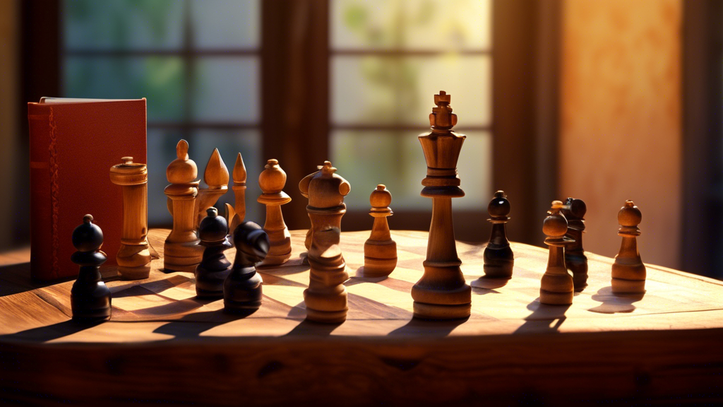 An antique wooden chess set on an old wooden table illuminated by soft sunlight from a nearby window, with a magnifying glass, a notebook, and a pen nearby.