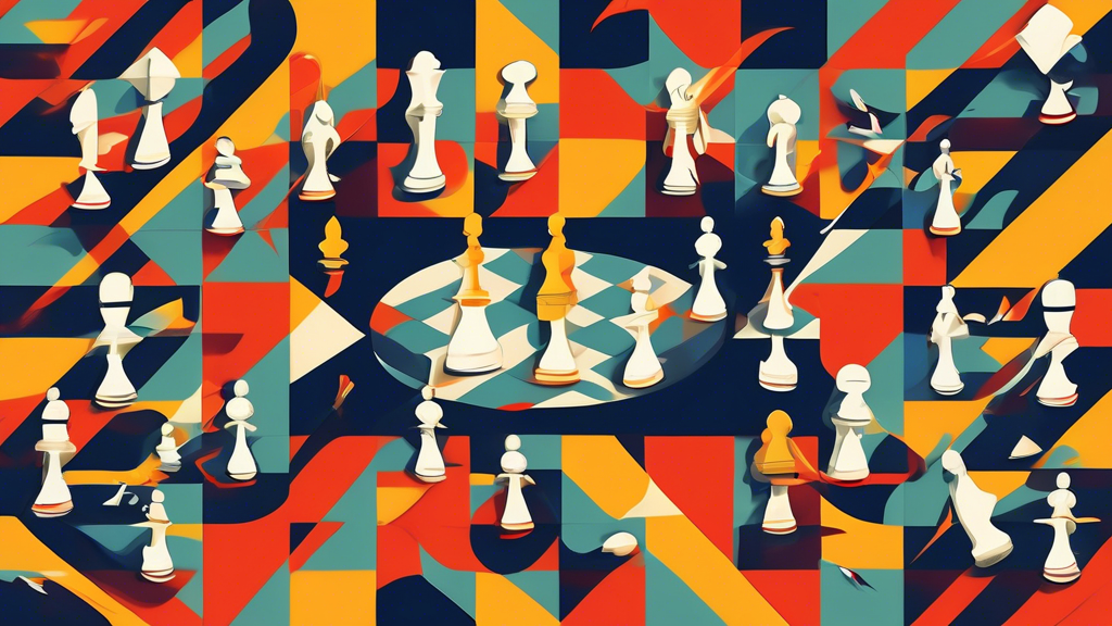 An illustrated chessboard focusing on a group of pawns at the center, with arrows showing legal movements (forward and diagonal for capturing), set against a dramatic, abstract background to emphasize