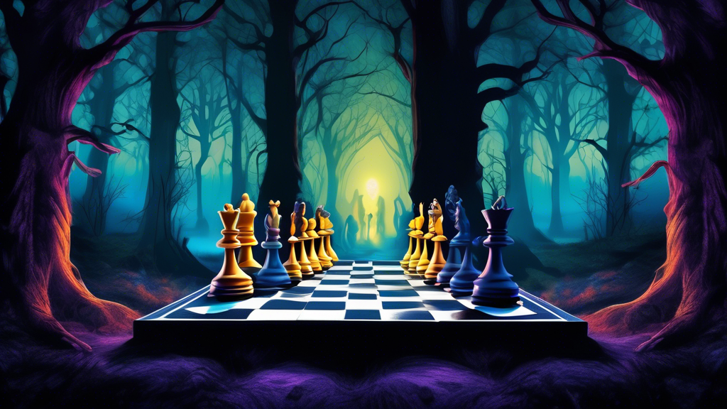 Create an image of an ancient, mystical chessboard set in a dark enchanted forest, under a twilight sky, where two shadowy figures play while ghostly apparitions watch, each chess piece glowing with a