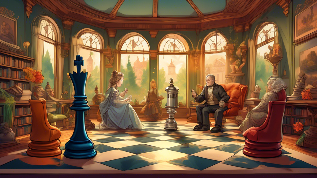 A detailed illustration of a chessboard in the middle of a game, showcasing various chess pieces, including a bishop moving diagonally backwards and a queen retreating straight back, all set in an ele