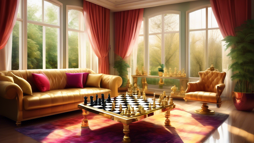 An elegant living room with a luxurious chess set made of crystal and gold, positioned by a large window with flowing sheer curtains, overlooking a lush garden.