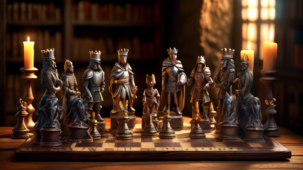 An intricately detailed medieval themed chess set displayed on an old wooden table in a dimly lit room, with figures styled as knights, kings, and queens in shining armor, standing on a stone textured