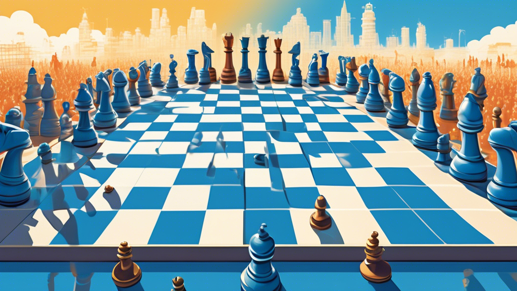 An intricate digital illustration of a giant chessboard under a clear blue sky, with human-sized chess pieces each displaying a different Elo number. Around the board, diverse people of multiple ages 