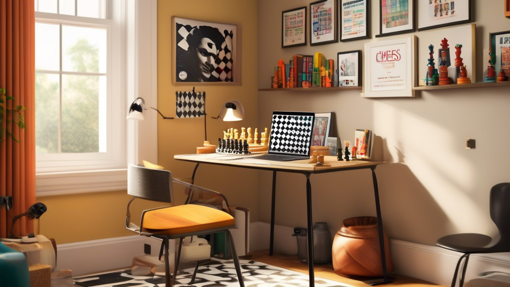 Create a cozy, inviting study room scene with a brightly lit desk area showcasing an open laptop displaying a colorful, easy-to-understand chess tutorial website. The room is filled with chess-themed 