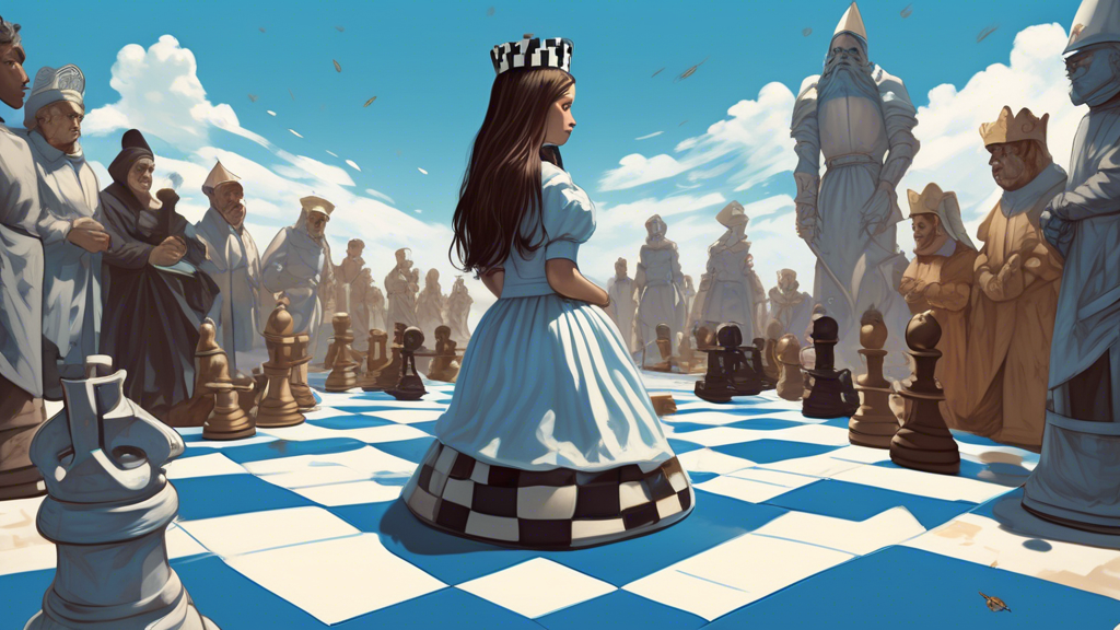 A digital artwork depicting a giant chessboard under a clear blue sky, where human-sized chess pieces, especially the pawns, are pondering their next move. In the foreground, a young girl dressed as a