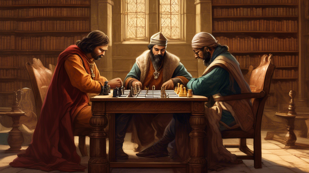 A detailed, vintage-style illustration of a medieval British and Indian scholars sitting across from each other, deeply engrossed in playing and discussing an early form of chess, with a parchment and