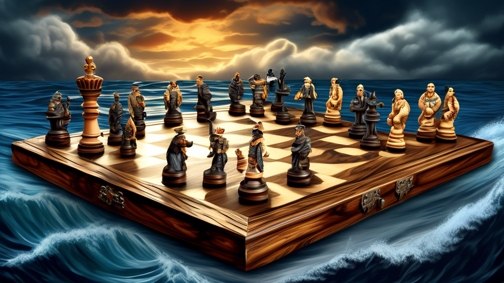 An artistic depiction of a chess set where the pieces are intricately designed as pirates and naval officers, set on a beautifully carved wooden chessboard, with the ocean and ships in the background,