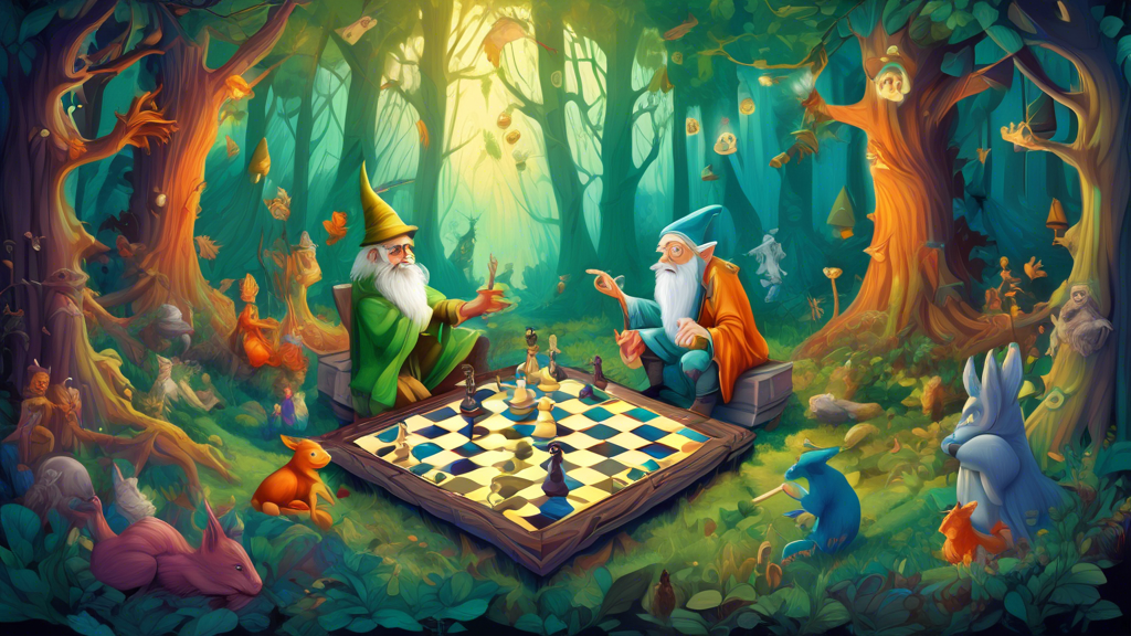 An imaginative chessboard set in a mystical forest, where two players, a wise old wizard and a clever woodland elf, engage in an intense game without the possibility of a stalemate, surrounded by curi