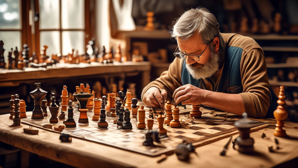 A skilled artisan meticulously repairing a wooden chess set in a cozy, well-lit workshop, with various chess pieces and repair tools spread out on a large wooden table, showcasing intricate details an