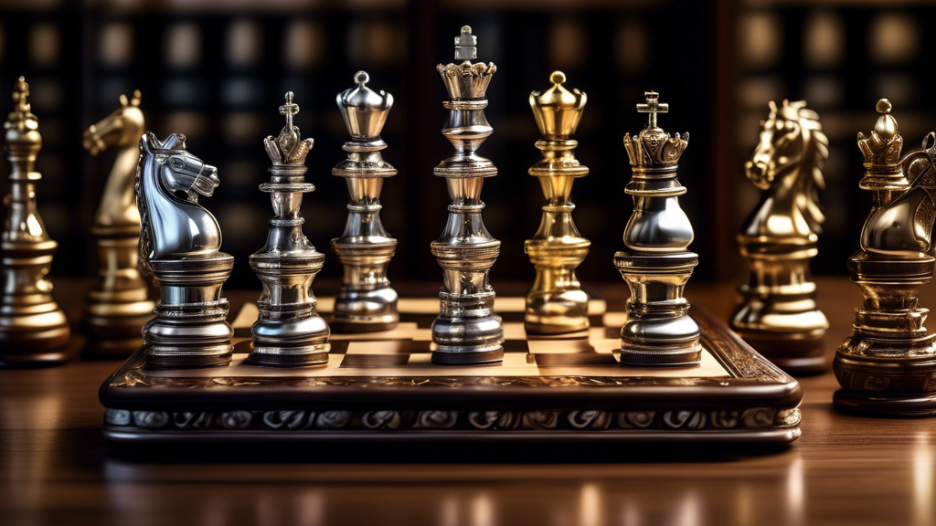 An elegant luxury metal chess set displayed on a polished wooden table, featuring detailed silver and gold pieces, each uniquely designed with intricate carvings. The set is highlighted by soft, ambie