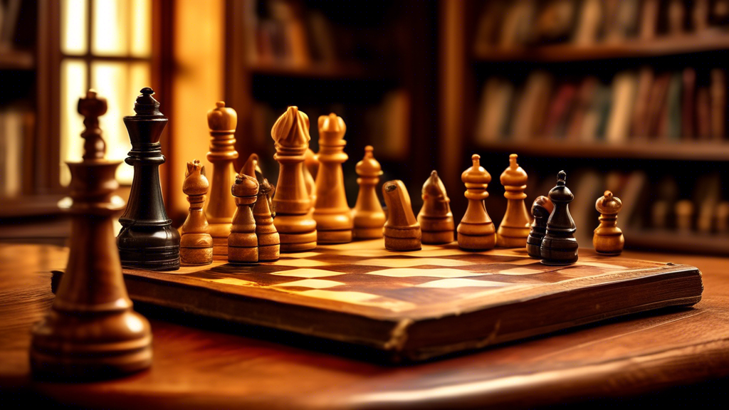 An elegant wooden chess set on an antique table, varying sizes of chess pieces and boards displayed around, with a measuring tape and a magnifying glass highlighting the details, in a cozy library set