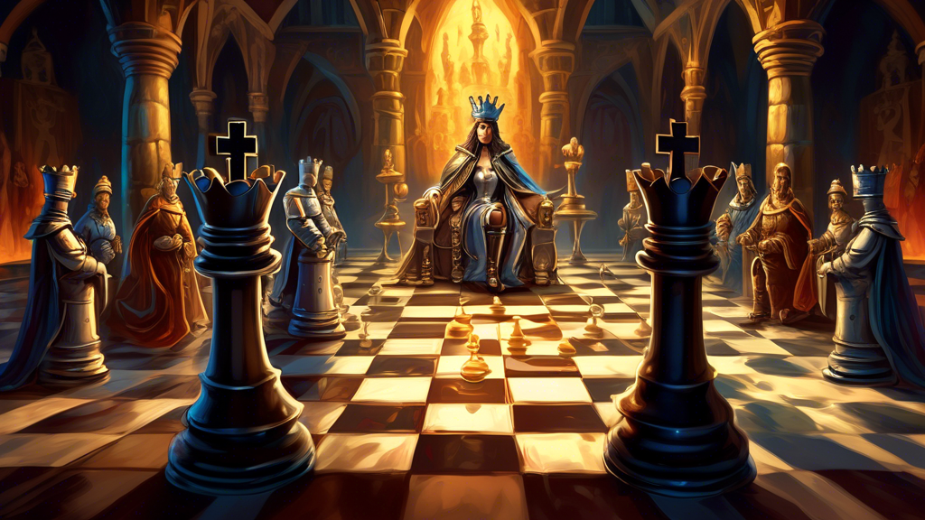 An intricate digital painting of a chessboard in a medieval royal court setting, showcasing a glowing, oversized queen chess piece surrounded by knights and bishops, with shadowy figures of a king and