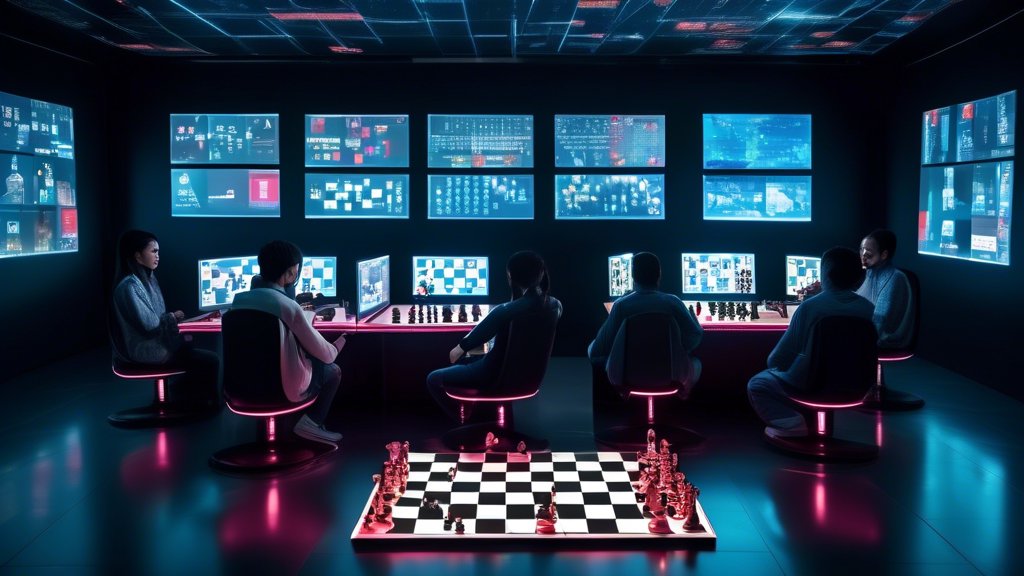 A sleek, futuristic chess computer with screens displaying moves in multiple languages like English, Spanish, Chinese, and Arabic, set in a high-tech room with digital maps and international flags on 