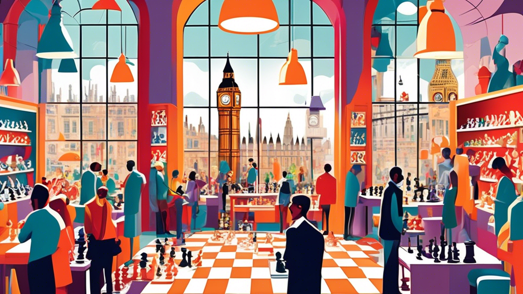 A vibrant and sophisticated chess store in London, bustling with various customers examining an array of unique chess sets and accessories, with a backdrop of the iconic Big Ben visible through a larg