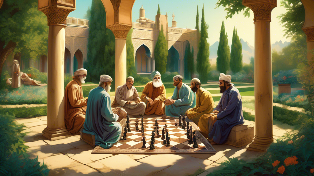 An ancient scene depicting a group of scholars and royalty gathered around as they play and discuss the early forms of chess in a lavish Persian palace garden, with detailed Persian architecture and l