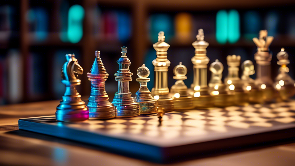 An intricately designed 3D printed chess set featuring futuristic and traditional elements, displayed on a wooden table with a blurred library background. The chess pieces are highly detailed, combini